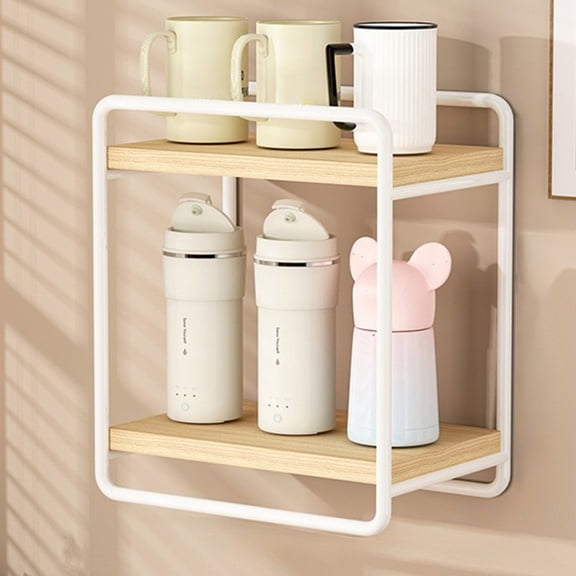 Dxssxc Punch-free Dual-tier Wall Rack Blends Iron Frame and Wood Panels, Stable Structure Stores Books, Greenery and Small Decor for Bathroom, Kitchen and Office