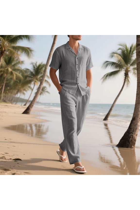 2 Piece Linen Sets for Men Summer Men's Beach Solid Color Sets Button Down Short Sleeve Shirts Long Wide Leg Pants Vacation Casual Outfits