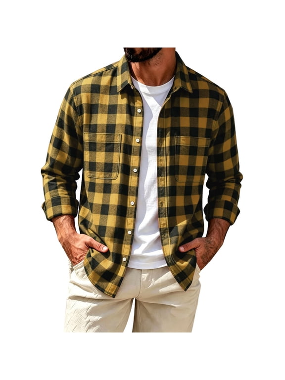 Big & Tall Men's Buffalo Plaid Flannel Shirt Long Sleeve Button Down Check Shirt with Chest Pockets Lightweight Loose Fit Casual Overshirt