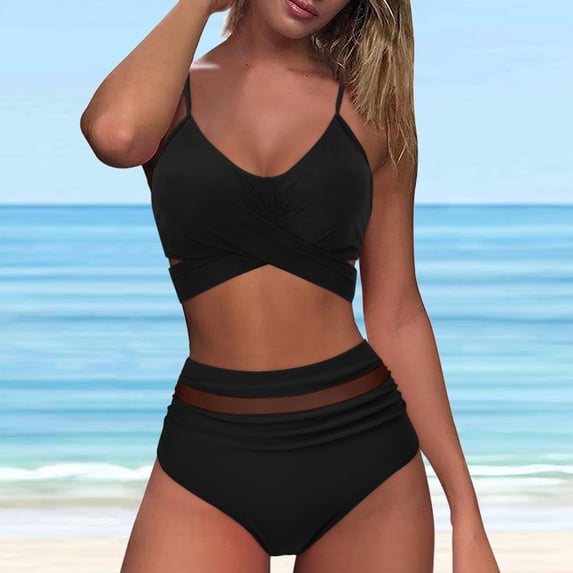 Dxzfnsa Bikini Sets for Women Two Piece Womens Push-Up Padded Swimsuits Fashionable Mid Rise Solid Color Bathing Suits Summer Soft Sleeveless Beachwear