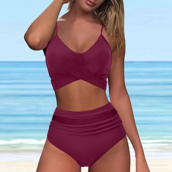 Dxzfnsa Bikini Sets for Women Two Piece Womens Push-Up Padded Swimsuits Fashionable Mid Rise Solid Color Bathing Suits Summer Soft Sleeveless Beachwear