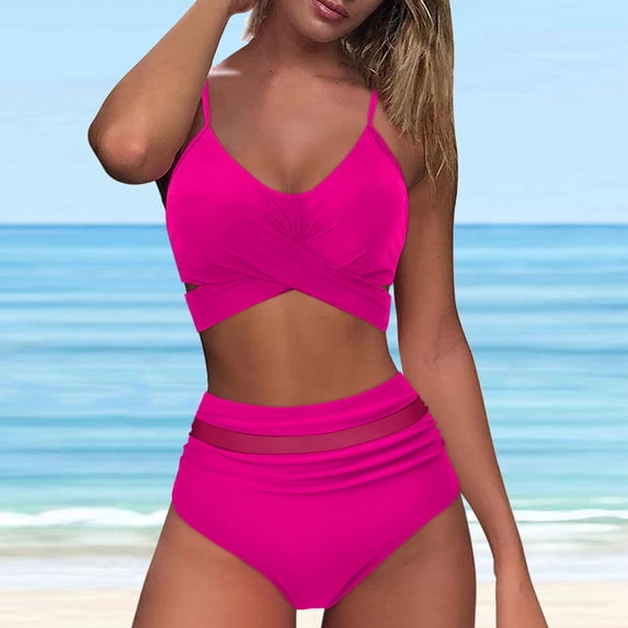 Dxzfnsa Bikini Sets for Women Two Piece Womens Push-Up Padded Swimsuits Fashionable Mid Rise Solid Color Bathing Suits Summer Soft Sleeveless Beachwear