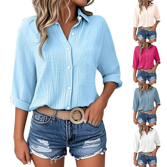 Dxzfnsa Blouses for Women Dressy Casual Womens Tops 3/4 Sleeve V Neck Button Down Shirts Business Casual Outfit Basic Tees Summer Top 2025 S-5XL
