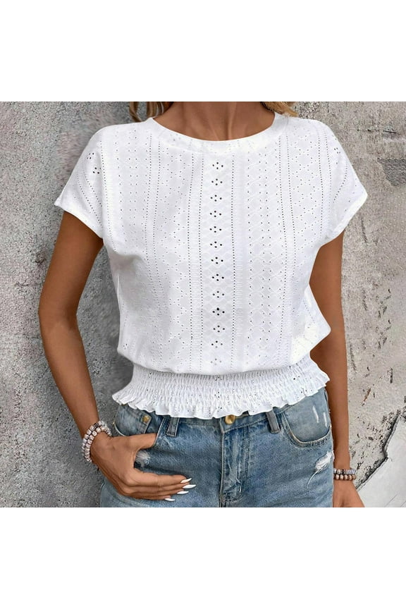 Blouses for Women Womens Trendy Short Sleeves Round Neck Shirts Summer Loose Casual Solid Color Ruffled hem Tunic Tops