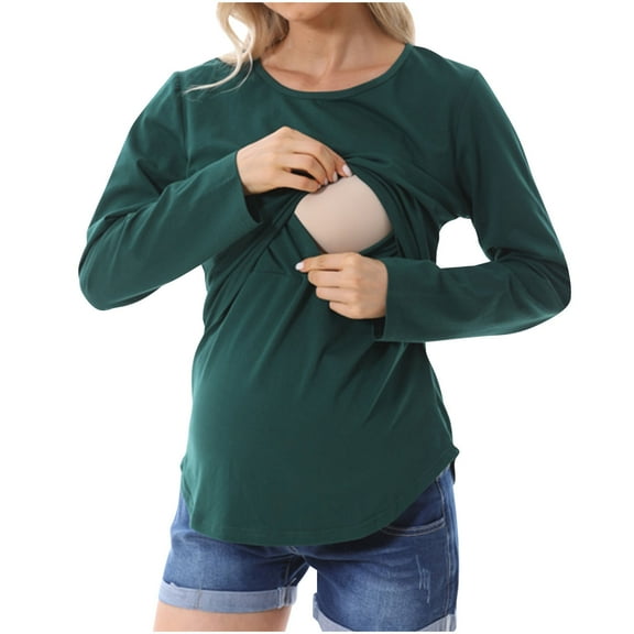 Dxzfnsa Breastfeeding Shirts for Women Fashion Solid Color Maternity Blouses Loose Round Neck Long Sleeve Pregnant Tops Fall Women Comfy Breastfeeding Clothes 2025