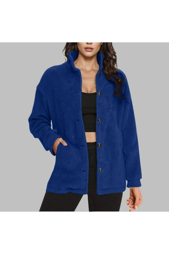 Button Up Jackets for Women Women's Warm Fleece Solid Color Long Sleeved Sweatshirts with Double Pocket Casual Stand-Up Collar Sweat Coats