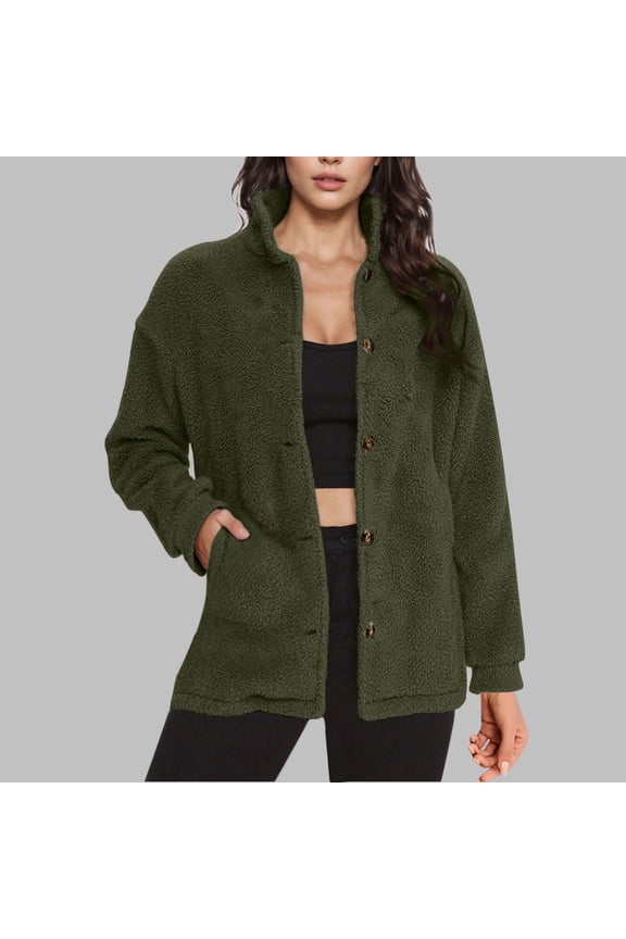 Button Up Jackets for Women Women's Warm Fleece Solid Color Long Sleeved Sweatshirts with Double Pocket Casual Stand-Up Collar Sweat Coats