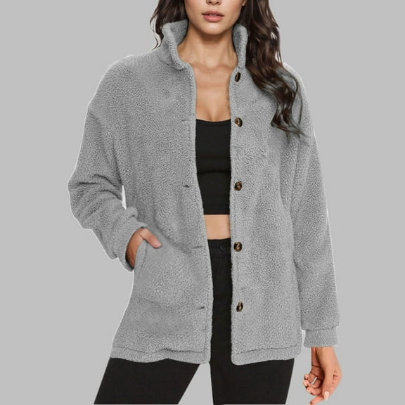 Dxzfnsa Button Up Jackets for Women Women's Warm Fleece Solid Color Long Sleeved Sweatshirts with Double Pocket Casual Stand-Up Collar Sweat Coats