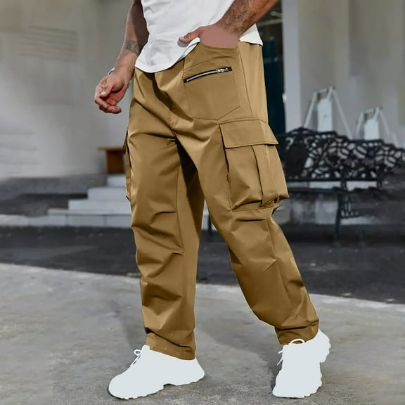 Dxzfnsa Cargo Pants for Men Casual Cotton Lightweight Relaxed Fit Stretch Elastic Waist Work PantsCargo Pants for Men,Brown-L