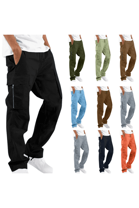Cargo Pants for Men Mens Solid Color Straight Trousers Casual Elastic Waist weatpants Lightweight Loose Fit Work Pants with Multi Pockets