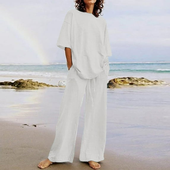 Dxzfnsa Cotton Linen 2 Piece Sets for Women Summer Comfortable Solid Color Outfits Womens Plus Size Short Sleeve Round Neck Shirts and Wide Leg Pants