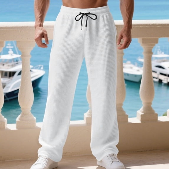 Dxzfnsa Cotton Linen Pants Men Casual Loose Fit Elastic Drawstring Waist Summer Beach Pants hiking pants men(White,2XL)