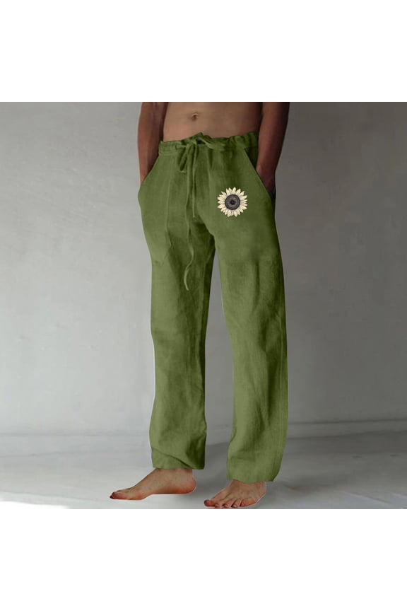 Cotton and linen men's summer beach pants, featuring a loose fit, an elastic waistband with a drawstring, and a daisy pattern golf pants men(Army Green,L)
