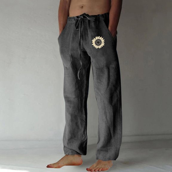 Dxzfnsa Cotton and linen men's summer beach pants, featuring a loose fit, an elastic waistband with a drawstring, and a daisy pattern mens cargo pants(Dark Gray,2XL)