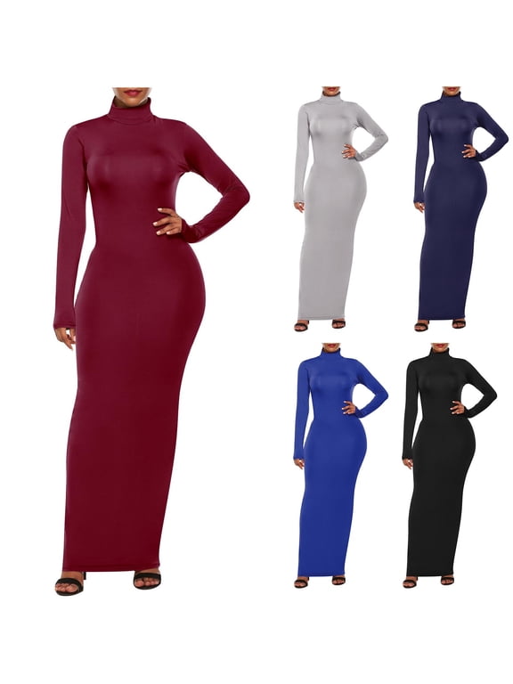 Dresses for Women 2025 Casual Long Sleeve Turtleneck Tshirt Dress Side Split Fashion Fall Outfits(Blue,S-5XL)