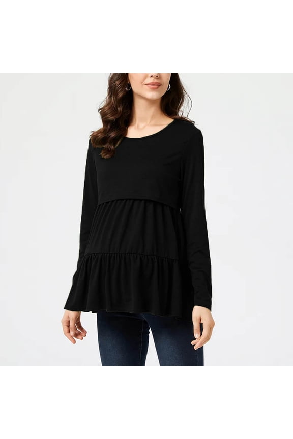 Fall Maternity Clothes Breastfeeding shirts for Women Womens Fashion Casual Solid Color Flounce Tops 2025 Trendy Crew Neck Long Sleeve Pregnant Dressy Blouses