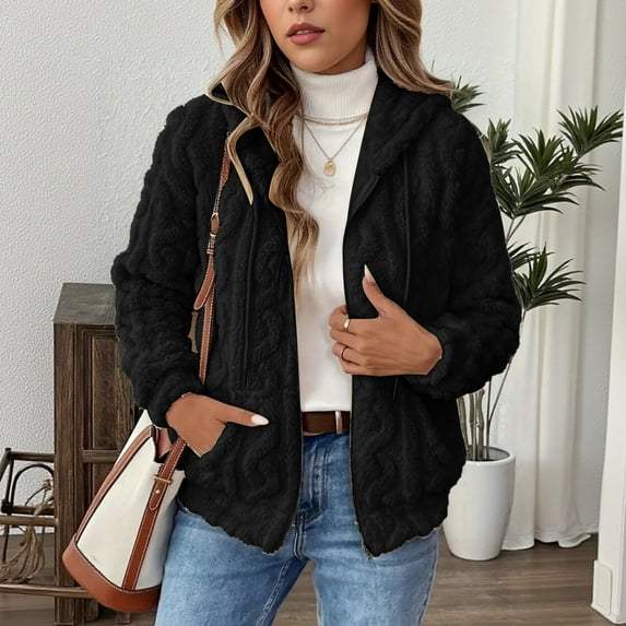 Dxzfnsa Fall Winter Coats for Women Womens Warm Loose Casual Solid Color Hoodies Fleece Zipper Up Long-sleeved Hooded Coats with Pockets