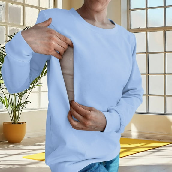 Dxzfnsa Fall Winter Maternity Clothes Women's Fashion Oversize Long Sleeved Sweatshirts Casual Round Neck Solid Color Pregnancy Tops Zipper Breastfeeding Sweatshirts for Women