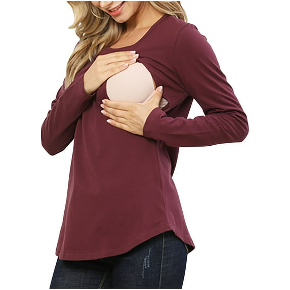 Dxzfnsa Fall Winter Maternity Clothes Womens Fashion Casual Round Neck Pregnancy Blouses Solid Color Long Sleeve Maternity Shirts Comfy Loose Breastfeeding Tops for Women
