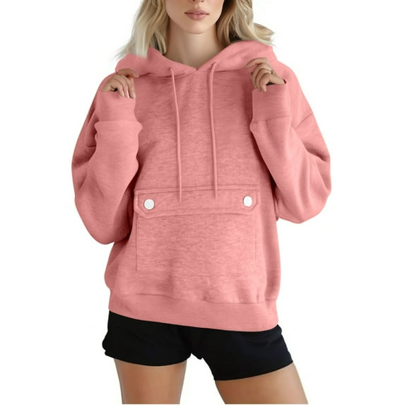 Dxzfnsa Fall Winter Sweatshirts for Women Casual Loose Solid Color Hoodies Long Sleeve Workout Hoodied Button Front Pocket Pullover Sweatshirts Size S-3XL