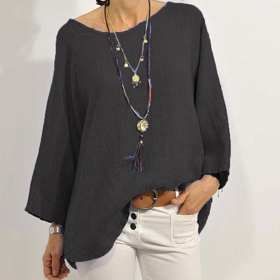 Dxzfnsa Fashion Women Casual Long Sleeve Round-Neck Solid Blouse Shirt Womens Blouses Black-S