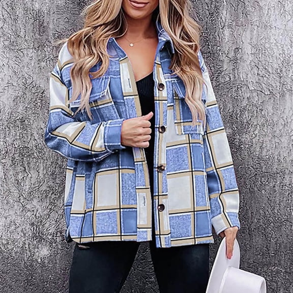Dxzfnsa Fashion Women Casual Pockets Printed Long Sleeve Tops Jacket Plaid Coat Button Down Shirts for Women,Sky Blue-XL
