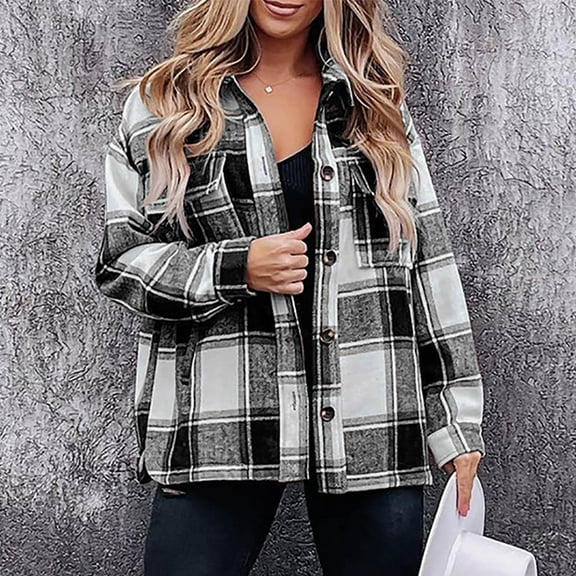 Dxzfnsa Fashion Women Casual Pockets Printed Long Sleeve Tops Jacket Plaid Coat Button Up Shirt Women,Black-L
