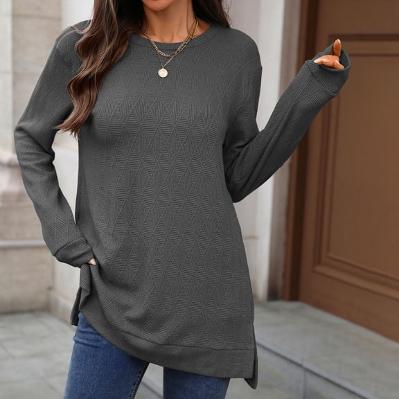 Dxzfnsa Fashion Women's Solid Color Long Sleeved Round Neck Loose Slit Fall And Winter Top Womens Shirts Dark Gray-L