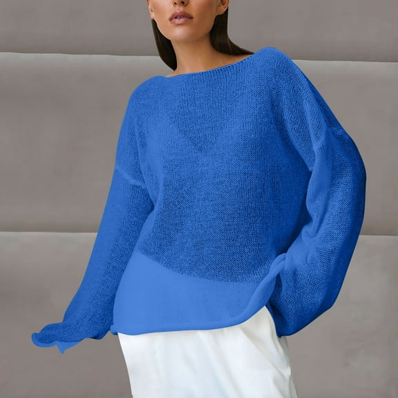 Dxzfnsa Fashion Women's Summer Long Sleeve Round-Neck Comfy Solid Regular Tank Tops Long Sleeve Tops for Women Blue-S