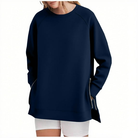 Dxzfnsa Fashionable Women's Long-sleeved Solid Color Round Neck Pullover With Side Zipper Loose And Casual Sweatshirt Fall Clothes Navy-L