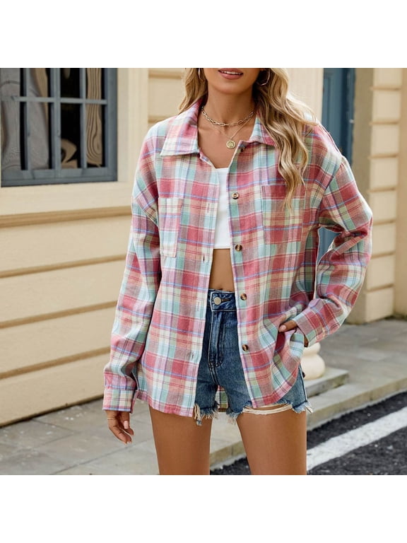 Flannel Jackets Womens Sherpa Trimmed Shackets Fleece Patchwork Plaid Long Sleeve Button Down Winter Coats Fall Clothes for Women,Pink-S