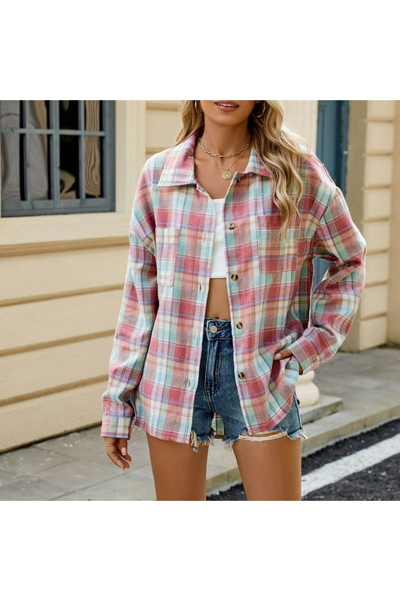 Flannel Jackets Womens Sherpa Trimmed Shackets Fleece Patchwork Plaid Long Sleeve Button Down Winter Coats Flannel Shirt Women,Pink-XL