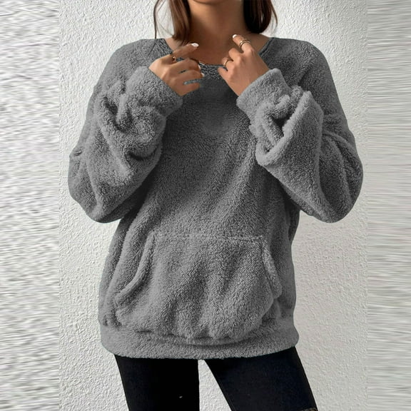 Dxzfnsa Fleece Sweatshirts for Women Long Sleeve Solid Color Round Neck Tops Turtleneck Winter Pullover Tops