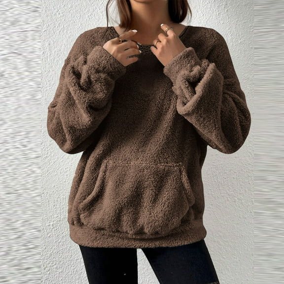 Dxzfnsa Fleece Sweatshirts for Women Long Sleeve Solid Color Round Neck Tops Turtleneck Winter Pullover Tops