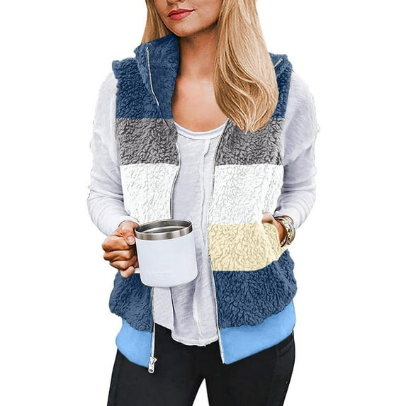 Dxzfnsa Fleece Vests for Women Womens Fall Winter Patchwork Color Stand Collar Coats Warm Full Zipper Up Sleeveless Jackets Comfy Outerwear with Pockets