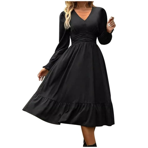 Dxzfnsa Formal Dresses for Women Fall Winter Womens Flowy Dresses Fashion Long Sleeve V-Neck Dresses High Elastic Waist Solid Color Dresses