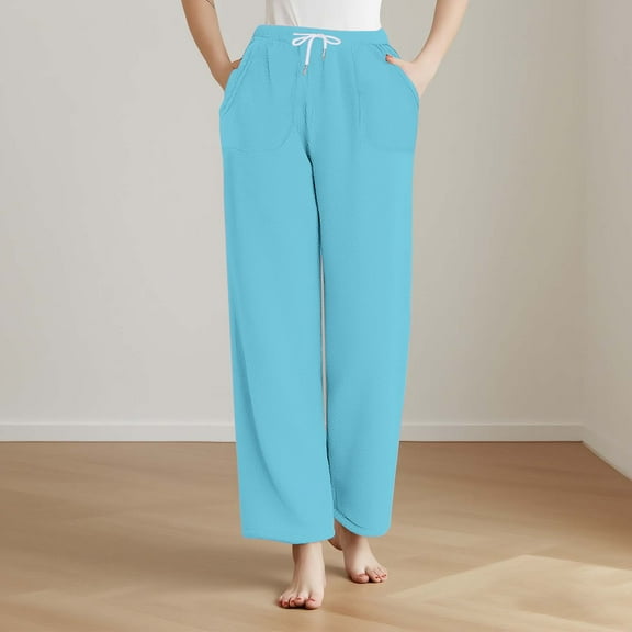 Dxzfnsa Fuzzy Pants for Womens Drawstring Elastic Waist Wide Leg Pants Bottoms Warm Fleece Lounge Comfy Winter Pants