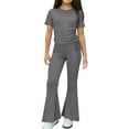 thumbnail image 1 of Dxzfnsa Girls 2 Piece Outfits Children's Comfortable Solid Color Sets Casual Short Sleeve Ruched Drawstring Crewneck Tops and Flared Leg Pants, 1 of 5
