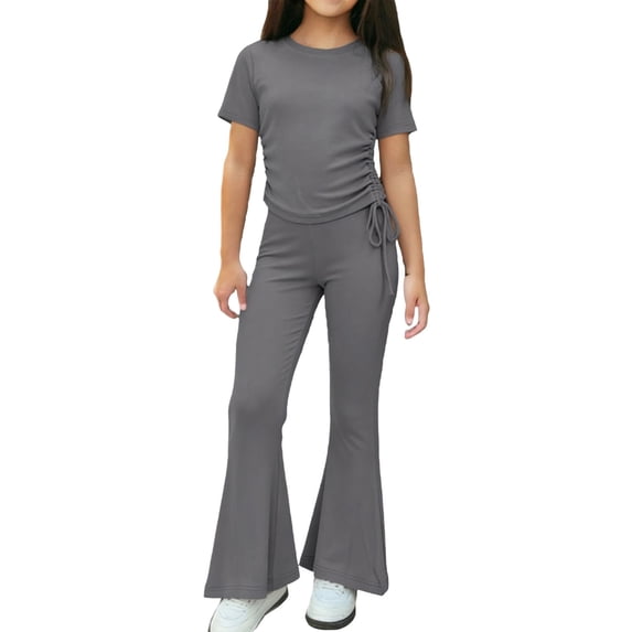 Dxzfnsa Girls 2 Piece Outfits Children's Comfortable Solid Color Sets Casual Short Sleeve Ruched Drawstring Crewneck Tops and Flared Leg Pants