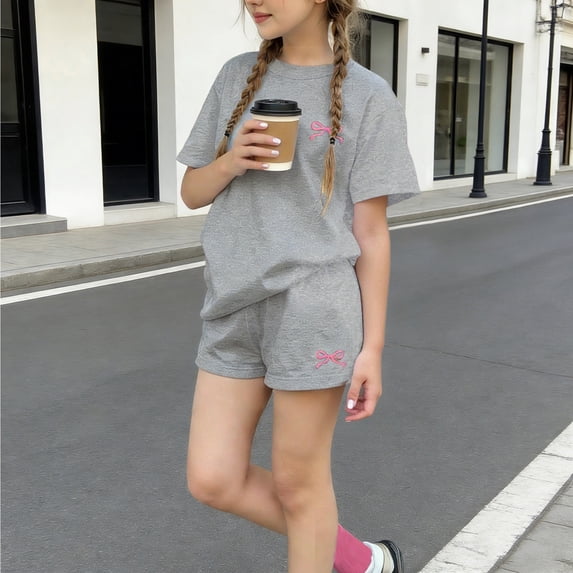 Dxzfnsa Girls 2 Piece Outfits Kids Lightweight Round Neck Short Sleeve T Shirts and Elastic Waist Shorts Summer Loose Solid Color Sets 3-14 Years