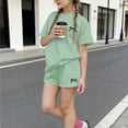 thumbnail image 1 of Dxzfnsa Girls 2 Piece Outfits Kids Lightweight Round Neck Short Sleeve T Shirts and Elastic Waist Shorts Summer Loose Solid Color Sets 3-14 Years, 1 of 6