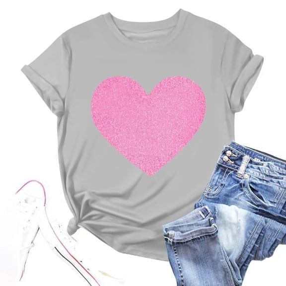 Dxzfnsa Heart Shirts for Women Trendy Short Sleeve Round Neck Pullover Tops Womens Loose Lightweight Solid Color Valentines Printed Shirts