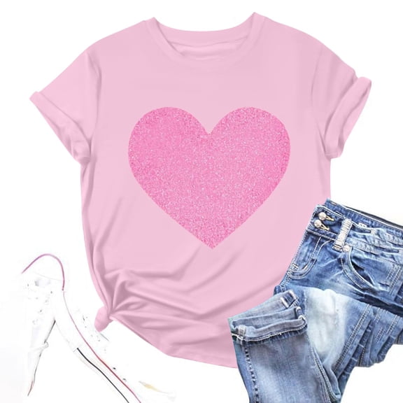 Dxzfnsa Heart Shirts for Women Trendy Short Sleeve Round Neck Pullover Tops Womens Loose Lightweight Solid Color Valentines Printed Shirts