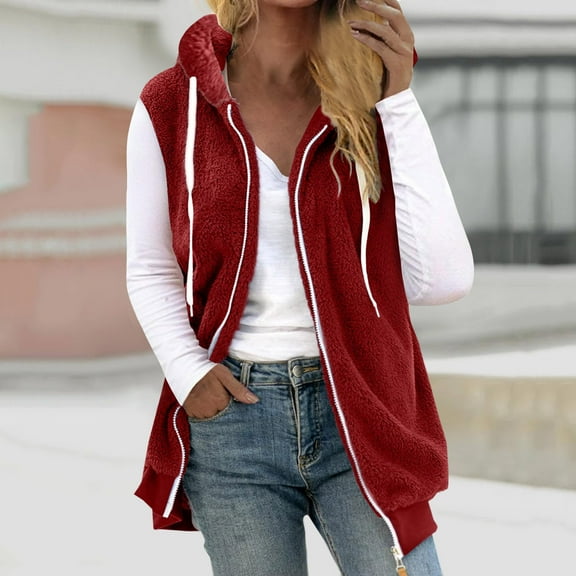 Dxzfnsa Hooded Vests for Women Womens Fashion Fleece Solid Color Sleeveless Coats Casual Warm Zip Up Jackets Fall Winter Vests with Pockets