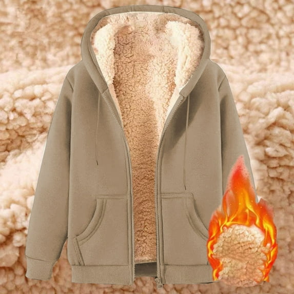 Men's Fleece Hoodies Winter Zip Up Solid Color Sweatshirts Sherpa Lined Jackets Heavyweight Hoodies with Pockets Warm Coat Hooded