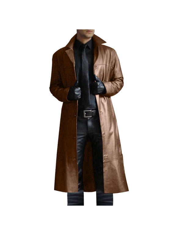 Jacket for Men Mens Solid Color Long Duster Coat Leather Trench Coats Full Length Windbreaker Jackets with Pockets