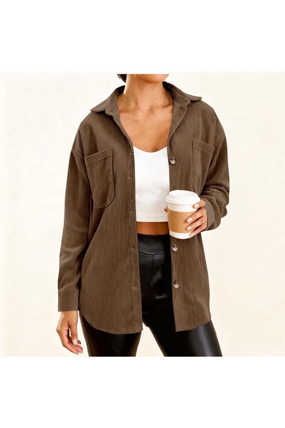 Jacket for Womens Casual Long Sleeve Button Down Corduroy Jacket Waffle Knit Loose Shacket Coat
