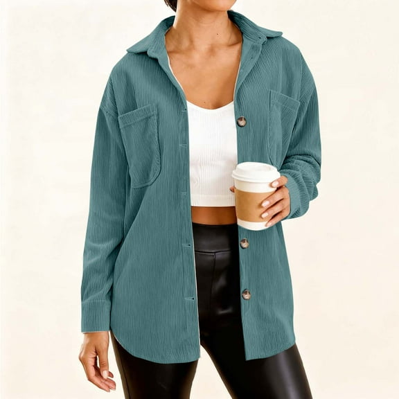 Dxzfnsa Jacket for Womens Casual Long Sleeve Button Down Corduroy Jacket Waffle Knit Loose Shacket Coat