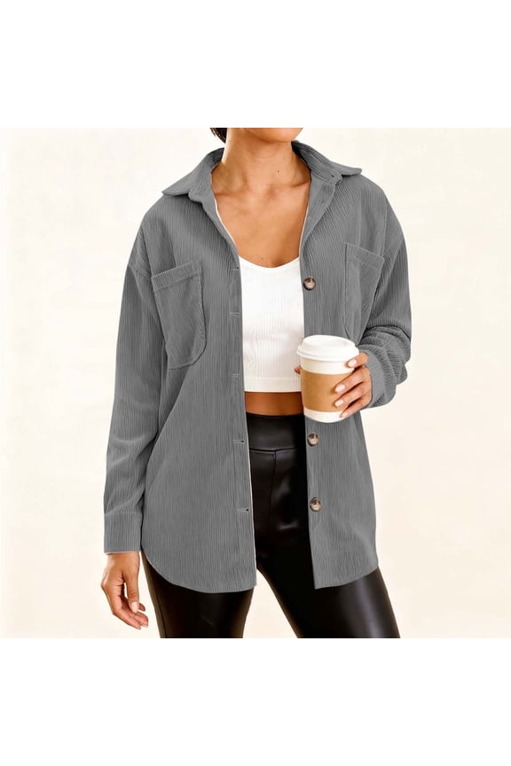 Jacket for Womens Casual Long Sleeve Button Down Corduroy Jacket Waffle Knit Loose Shacket Coat