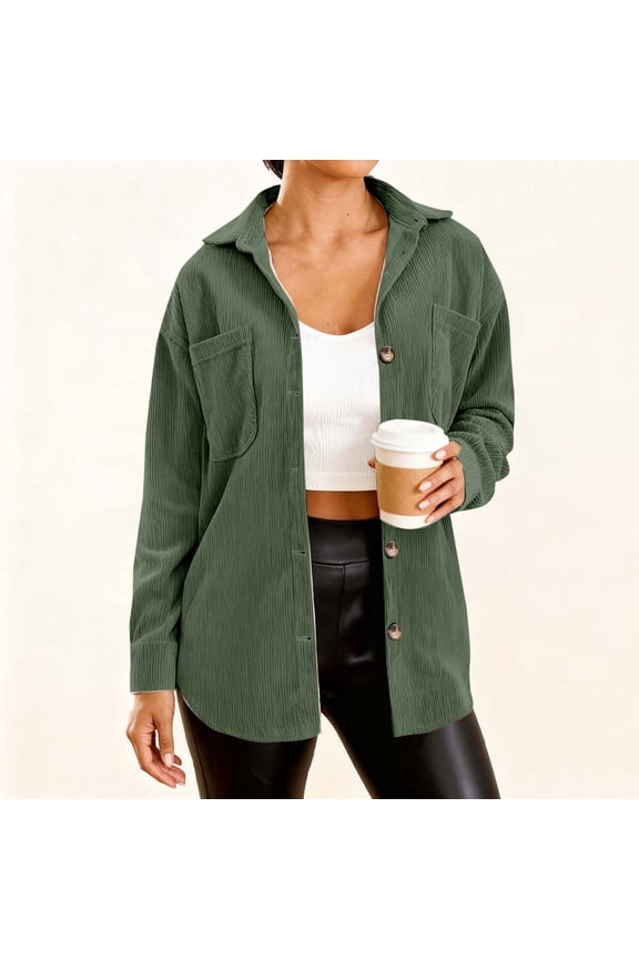 Jacket for Womens Casual Long Sleeve Button Down Corduroy Jacket Waffle Knit Loose Shacket Coat